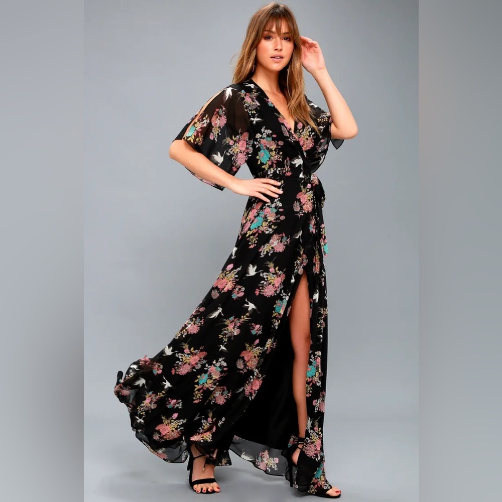 Lulu Sweet Bouquet black floral print wrap maxi print dress